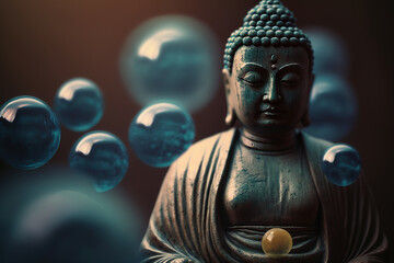 Closeup face of a Buddha statue with eyes closed in meditation with copy space.  Generative AI.