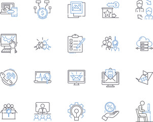 Meeting and conference outline icons collection. Conference, Meeting, Gatherings, Symposium, Forum, Seminar, Assembly vector and illustration concept set. Conclave, Dialogues, Rendezvous linear signs