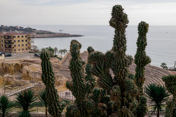 View of the ancient amphitheatre in downtown Taragona, Catalonia, Spain.