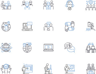 Public relations agency outline icons collection. Public, Relations, Agency, PR, PR Agency, Communications, Branding vector and illustration concept set. Promotion, Strategy, Media linear signs