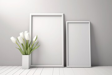an empty picture frame with a white vase and a single flower on a table. Generative AI