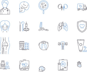 Health examination outline icons collection. Checkup, Assessment, Clinical, Diagnosis, Screening, Medical, Examination vector and illustration concept set. Tests, Laboratory, Ultrasound linear signs