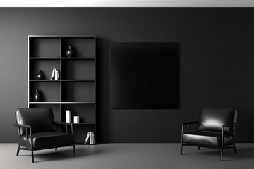 Fototapeta premium minimalist black and white room with furniture and a bookshelf. Generative AI