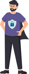 Digital data protection illustration with cyber security cartoon character. Cloud computing network safety concept