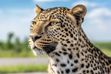 Fototapeta premium Gorgeous african leopard ambling around a field and tree-lined road. Generative AI