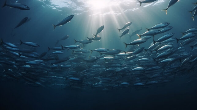 School of fish swimming under water of sea. School sardinella fish swims in underwater