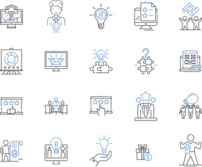 Marketing and business outline icons collection. Marketing, Business, Advertising, Promotion, Strategy, Branding, Consumer vector and illustration concept set. Digital, Social, Networking linear signs