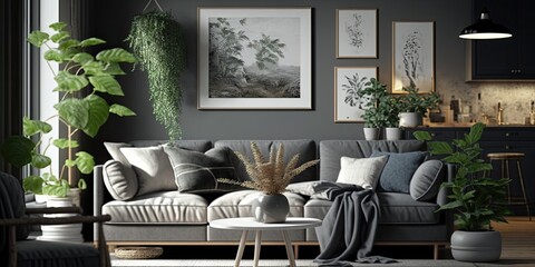Beautiful living room interior with comfortable gray sofa. Generative AI