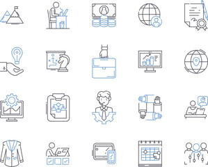 Corporation department outline icons collection. Corporate, Department, Finance, Accounting, Human Resources, Legal, Technical vector and illustration concept set. Marketing, Operations, Sales linear