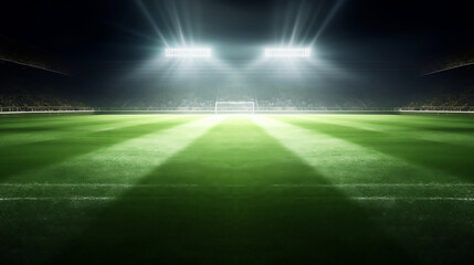 Green soccer field, bright spotlights.