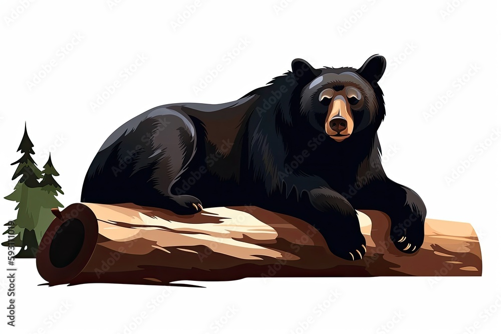 Poster black bear resting on a log in the forest. generative ai