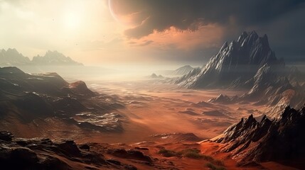 Epic Imaginary Journey of a Dangerous Climate: Panoramic View of a Martian Sci-Fi Landscape. Generative AI