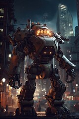 Fototapeta na wymiar Futuristic Warrior in a Sci-Fi City at Night: A Steampunk Metal Robot Engineering Energy: Generative AI
