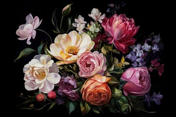 Exquisite Bouquet of Flowers Captured in an Oil Painting with a Black Background - Perfect for Weddings and Other Celebrations. Generative AI