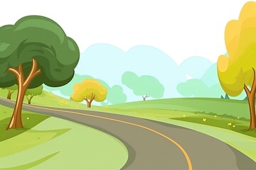 winding country road surrounded by lush green fields and blue skies. Generative AI
