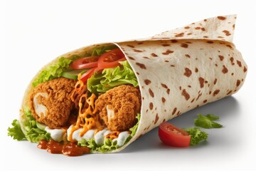 Tortilla wrap with fried chicken meat and vegetables isolated on white background. Generative AI