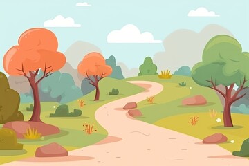 scenic dirt road surrounded by trees in a cartoon landscape. Generative AI