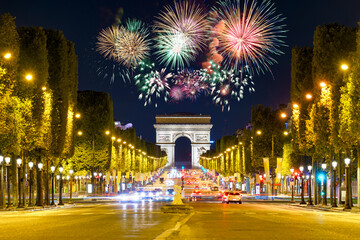 Arc De Triomphe with fireworks display n Paris. France
