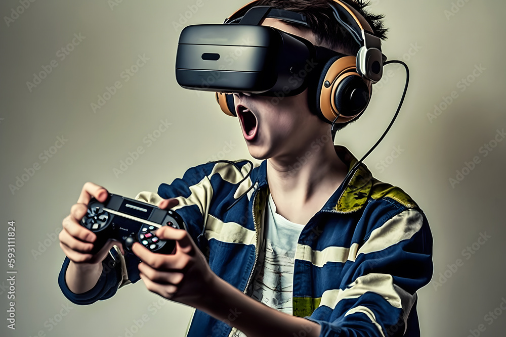 Poster man wearing virtual reality goggles. neural network ai generated art