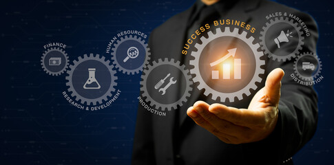 Businessman showing virtual screen of gear cog icon present operation management involving business process, workflow, problem solving, high performance, monitoring and evaluation, quality control.