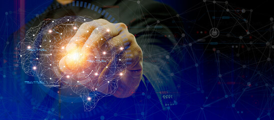Human hand shows AI brain provide access information, digital chat bot concept. Artificial intelligence, machine learning concept, big data, cloud computing, computer network and innovation technology