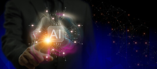 Businessman shows AI icon provide access information, digital chat bot concept. Artificial intelligence, machine learning concept, big data, cloud computing, computer network and innovation technology