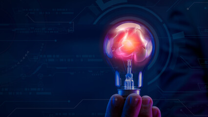Businessman shows red abstract particles in light bulb, AI artificial intelligence, chat bot, machine learning concept, big data, cloud computing, computer network and futuristic innovation technology