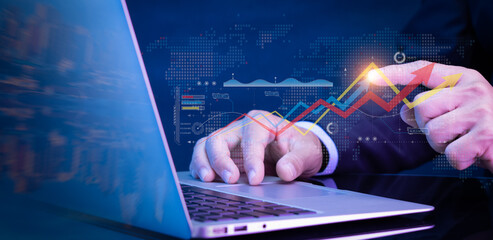 Businessman showing virtual increasing technical graph and up arrow for trader analysis. stock, cryptocurrency chart trader, trading, profits and business growth, investment and finance concept.