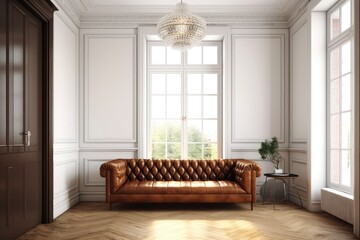 Fototapeta premium living room with a wide brown couch, a window, and a horizontal light. Generative AI