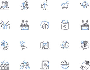 Globalization outline icons collection. Internationalization, Interconnection, Connection, Connectivity, Integration, Unification, Linkage vector and illustration concept set. Openness, Borderless