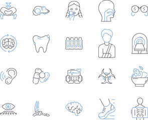 Health treatment outline icons collection. Therapy, Care, Healing, Prevention, Cure, Remedy, Medication vector and illustration concept set. Treatment, Surgery, Rehabilitation linear signs