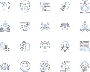 Community management outline icons collection. Community, Management, Organizing, Engaging, Building, Connecting, Networking vector and illustration concept set. Facilitating, Developing, Outreach