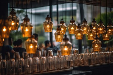 Pictures of the inside of coffee shops that are bokeh-ed out owing to illumination. Generative AI