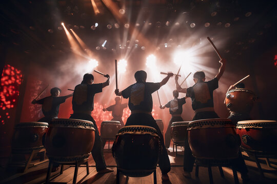 Taiko Drummers On Stage, Traditional Japanese Drumming Performance, AI Generative Illustration