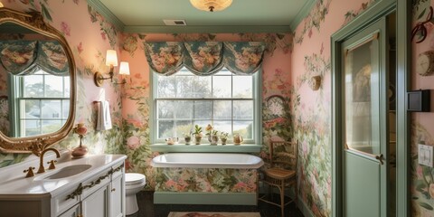 Obraz na płótnie Canvas A quaint Cottage style Bathroom with a colorful floral mural, a wicker framed mirror, and rustic chic light fixtures, generative ai