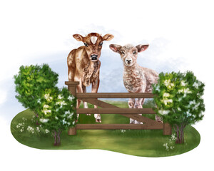 A composition of farm animals in a meadow among nature, in the fresh air. A calf and a lamb in pasture behind the fence. Digital illustration on a white background. For packaging, postcards, posters