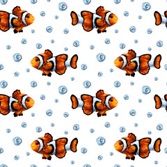 Fototapeta na wymiar Seamless pattern with colorful tropical clown fish and water bubbles. Marine underwater life, travel, diving. Illustration for textiles, fabrics, banners, wrapping paper, wallpaper