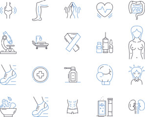 Medical centre outline icons collection. Clinic, Hospital, Health, Medical, Centre, Care, Treatment vector and illustration concept set. Diagnosis, Physician, Surgery linear signs