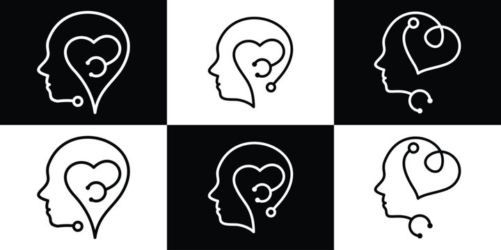 Mental health, psychological help, psychiatry logo therapy course vector line icon illustration