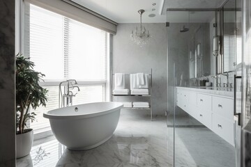 Naklejka na ściany i meble A sophisticated Bathroom with glass and metal accents, featuring a freestanding tub and sleek silver hardware, generative ai