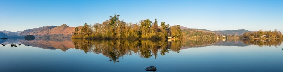 Derwentwater lake panorama with reflection
