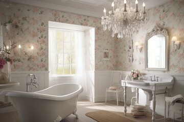 Fototapeta na wymiar A romantic Cottage style Bathroom with soft floral print wallpaper, white wicker accessories, and a stunning crystal chandelier, generative ai