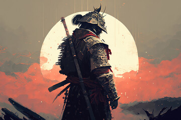 Fototapeta premium illustration painting A samurai with a katana stands ready to fight against a huge army. 3D illustration. 3D illustration, digital art style. (ai generated)