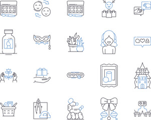 Fototapeta premium Hobbies and art outline icons collection. Painting, Crafting, Gardening, Photography, Drawing, Astronomy, Knitting vector and illustration concept set. Woodworking, Calligraphy, Writing linear signs