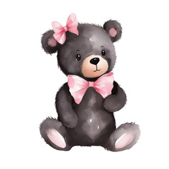 pink bow teddy bear watercolor illustration transparent cute children's book art