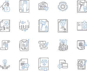 Legal services outline icons collection. Lawyer, Attorney, Barrister, Litigation, Court, Solicitors, Representation vector and illustration concept set. Advocacy, Prosecution, Pleadings linear signs
