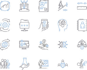 Company development outline icons collection. Growth, Expansion, Investment, Profitability, Efficiency, Strategy, Optimization vector and illustration concept set. Succession, Innovation, Productivity