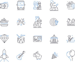Travel and active people outline icons collection. Travellers, Active, Adventurers, Explorers, Trekkers, Hikers, Nomads vector and illustration concept set. Wanderers, Journeyers, Excursionists linear