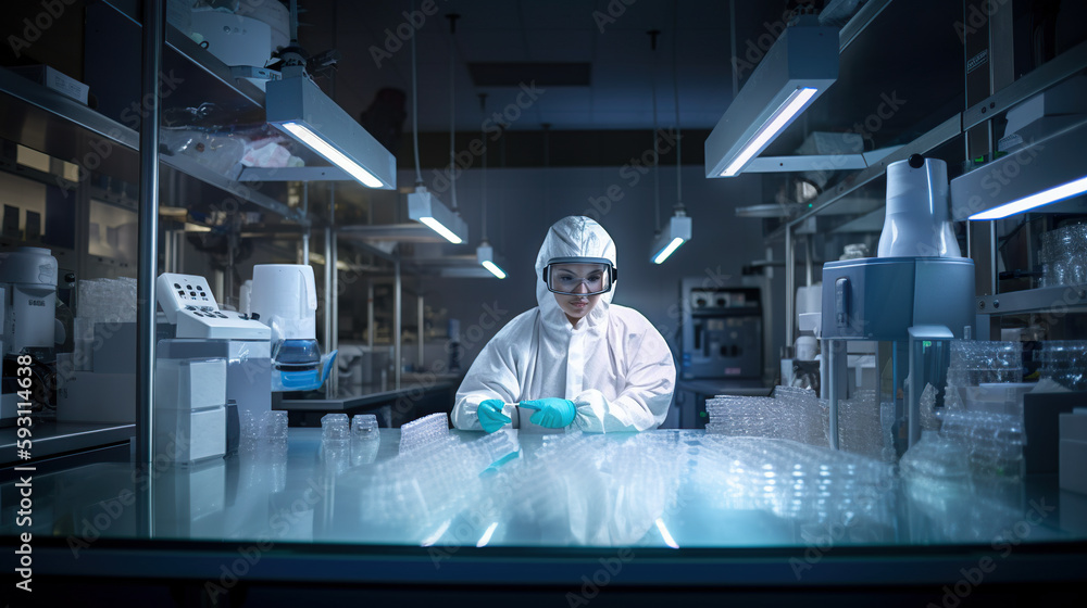 Poster a man in a white protective lab coat working on a machine. ai generative image