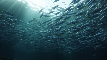 Fototapeta na wymiar School of fish swimming under water of sea. School sardinella fish swims in underwater